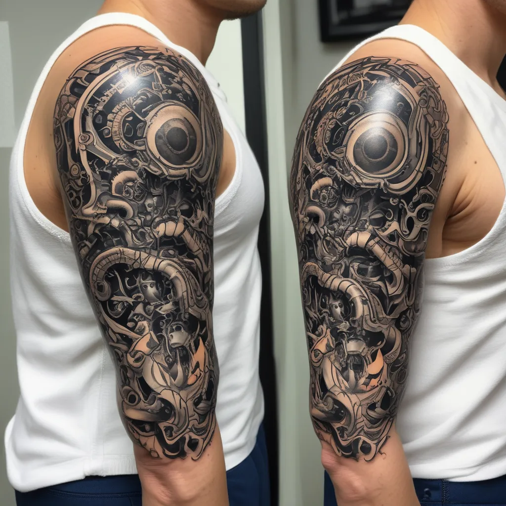 a real looking biomechanical tattoo on the arm that goes under the skin tetování