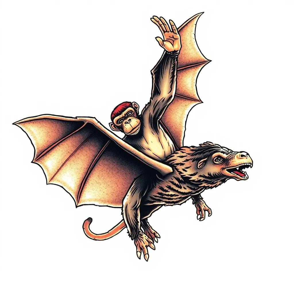 "A realistic scene of a monkey riding a flying bat like a rodeo, the monkey is holding one hand in the air like a rodeo cowboy, dynamic pose, both monkey and bat are realistic but with artistic shading, tattoo design style, dark background or no background, horizontal composition, suitable for chest tattoo (under pecs), high detail, bold lines, no text." tattoo