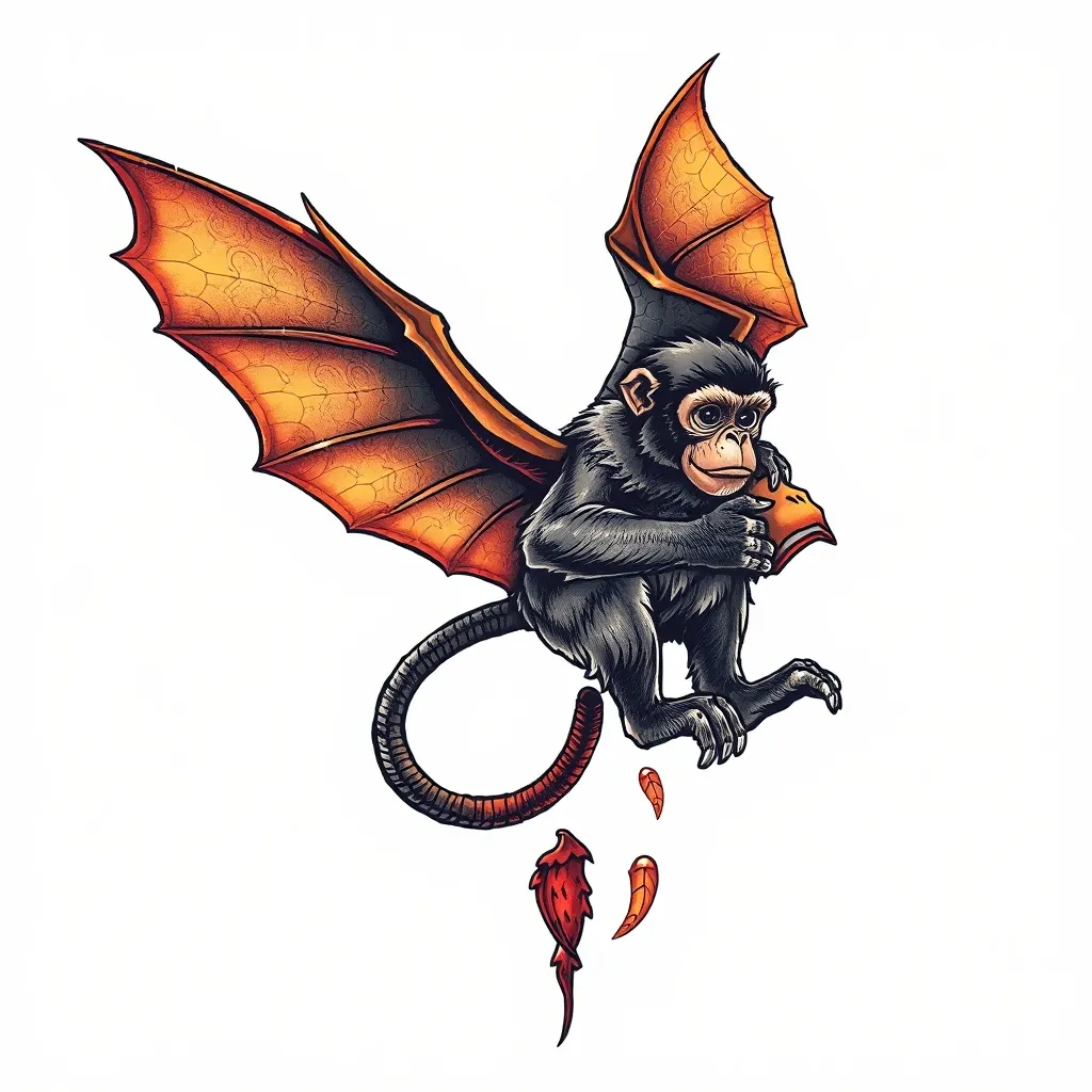 "A realistic scene of a monkey riding a flying bat, the monkey dynamic pose, both monkey and bat are realistic but with artistic shading, tattoo design style, dark background or no background, horizontal composition, suitable for chest tattoo (under pecs), high detail, bold lines, no text." tattoo