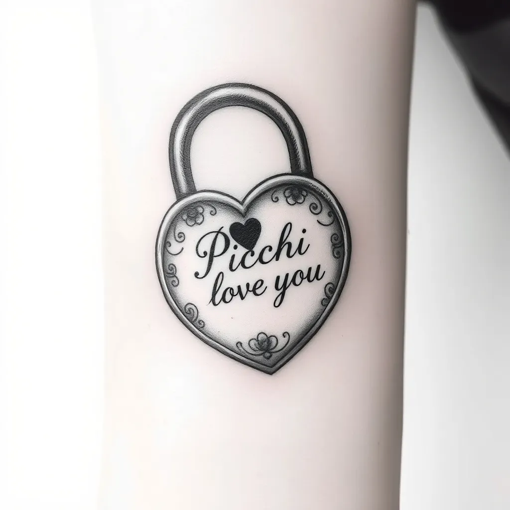Un tatuaggio in stile realista ma con tocchi romantici e artistici, raffigurante un lucchetto d’amore in metallo leggermente antico, con un foro centrale a forma di cuore al posto del classico buco della serratura. Il lucchetto è decorato con motivi floreali leggeri o piccoli arabeschi per conferirgli un aspetto raffinato. Incisa con eleganza all'interno della superficie metallica c’è la scritta ‘Picchi t’ama’ in corsivo, come se fosse stata incisa a mano con amore. Lo sfondo può essere semplice, oppure con una lieve ombreggiatura per far risaltare il metallo. Il design è pensato per il polso, la caviglia o la parte interna del braccio, dimensioni contenute ma con dettagli precisi. tetování