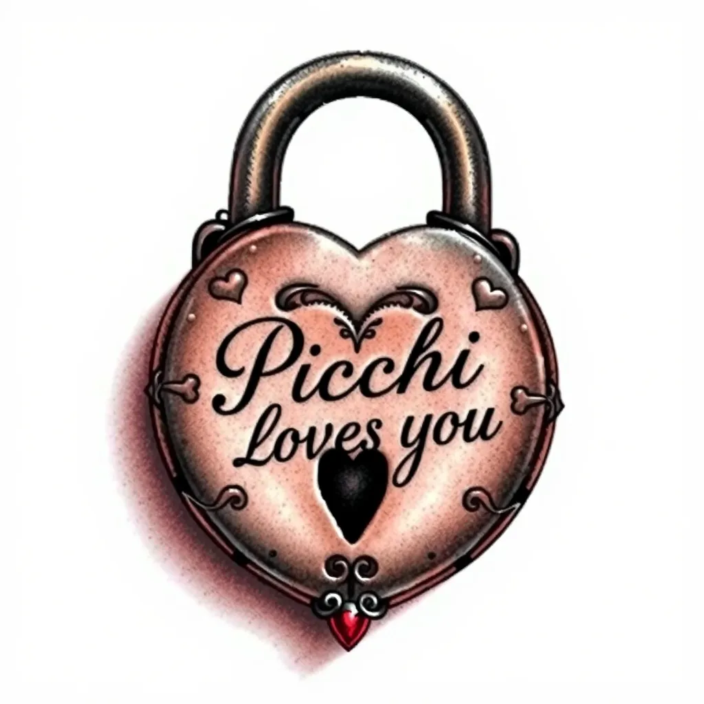 Un tatuaggio in stile realista ma con tocchi romantici e artistici, raffigurante un lucchetto d’amore in metallo leggermente antico, con un foro centrale a forma di cuore al posto del classico buco della serratura. Il lucchetto è decorato con motivi floreali leggeri o piccoli arabeschi per conferirgli un aspetto raffinato. Incisa con eleganza all'interno della superficie metallica c’è la scritta ‘Picchi t’ama’ in corsivo, come se fosse stata incisa a mano con amore. Lo sfondo può essere semplice, oppure con una lieve ombreggiatura per far risaltare il metallo. Il design è pensato per il polso, la caviglia o la parte interna del braccio, dimensioni contenute ma con dettagli precisi. tetování
