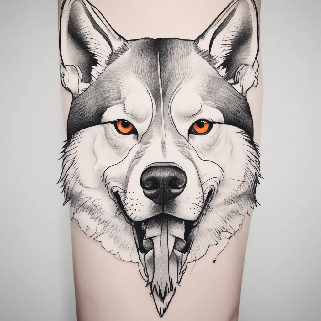 A red-eyed Siberian husky with a crafted dagger held between its teeth tatouage