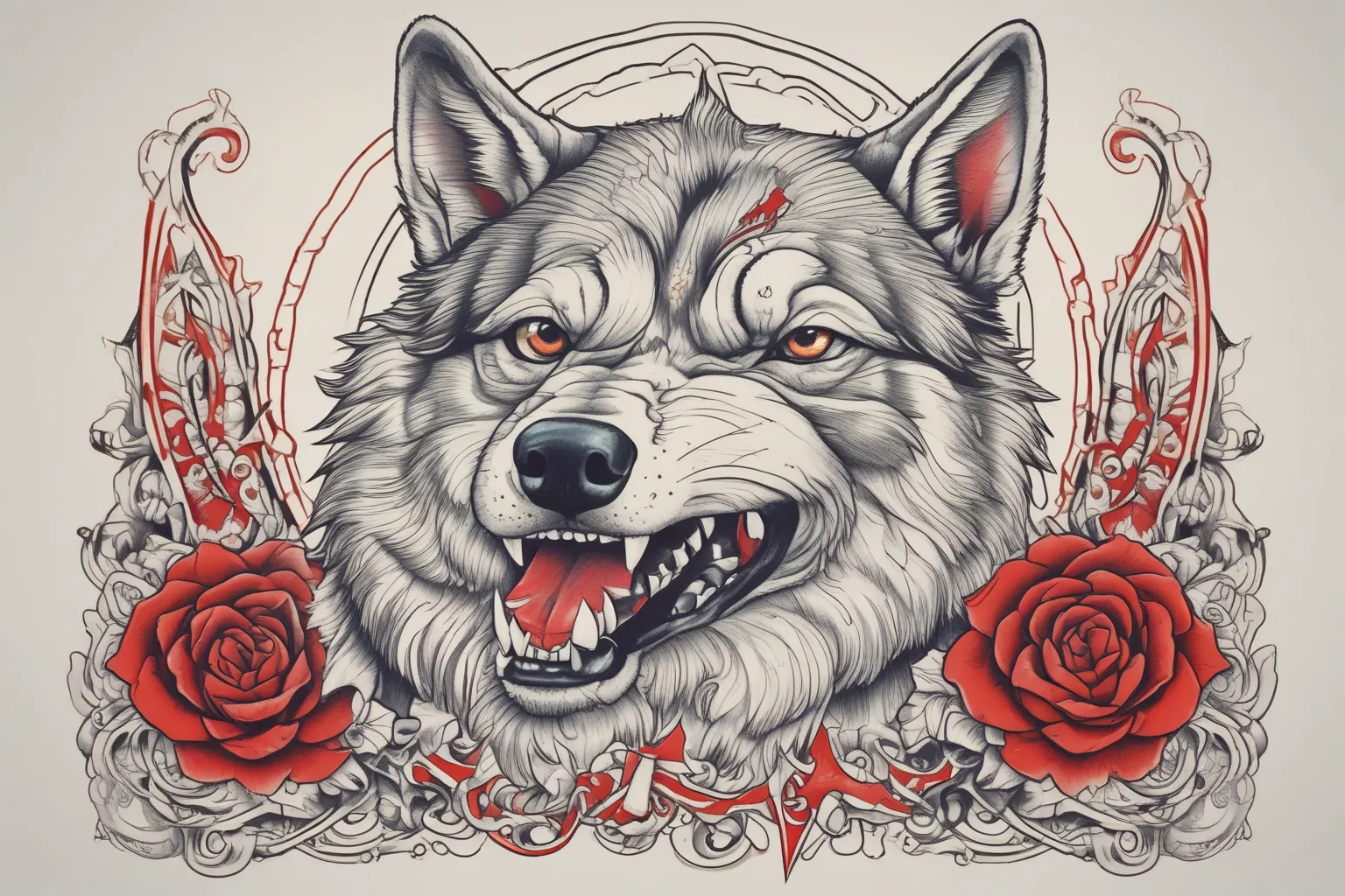 A red-eyed Siberian husky with a crafted dagger held between its teeth tatuointi