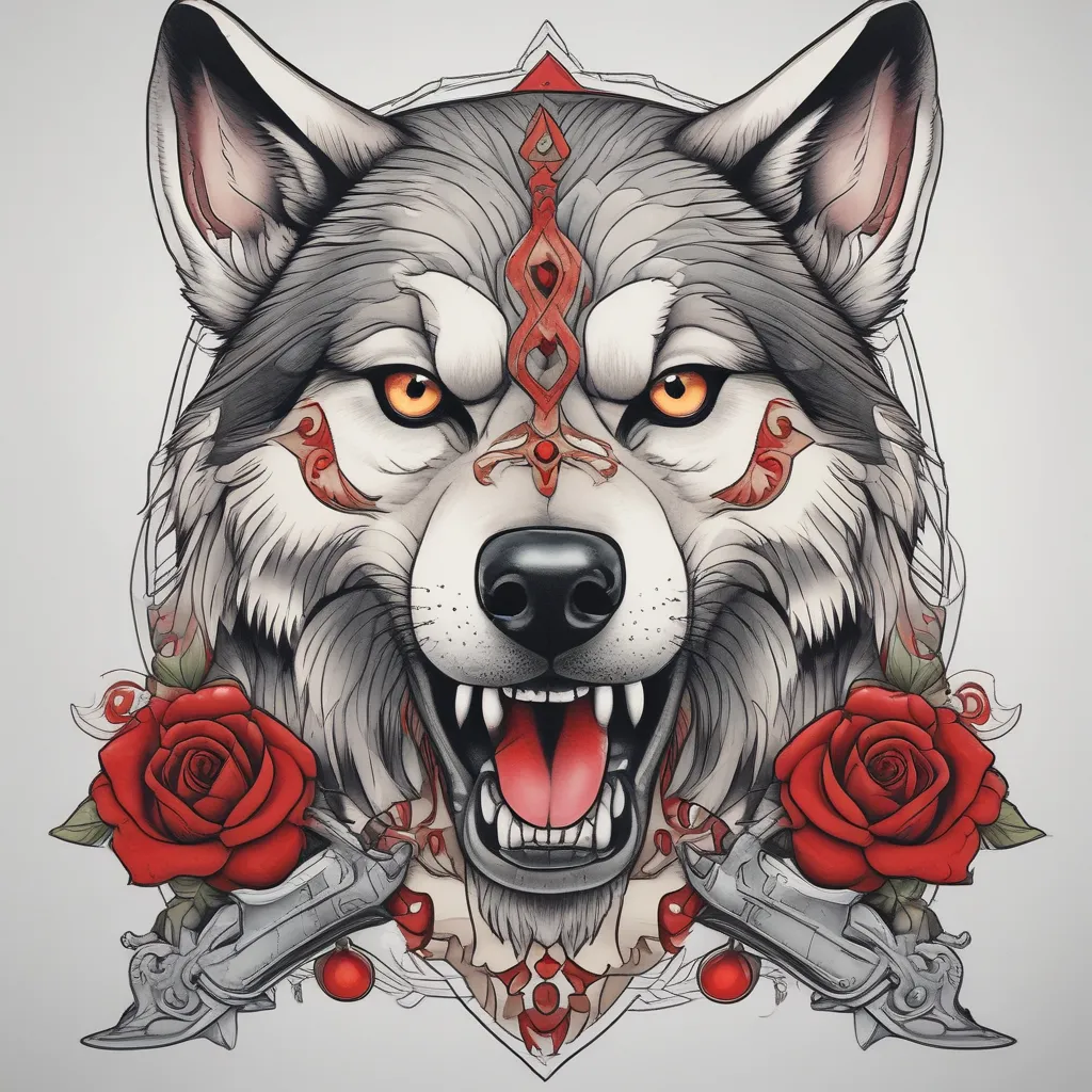 A red-eyed Siberian husky with a crafted dagger held between its teeth tatoeage