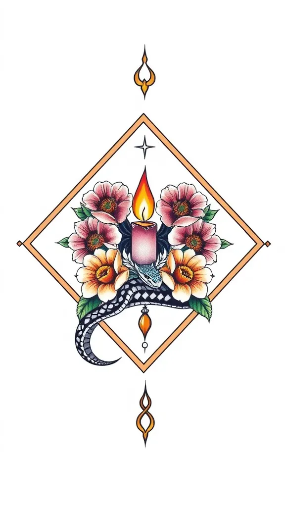 a rhombus of flowers with a candle in the middle being surrounded by a snake tatuaż