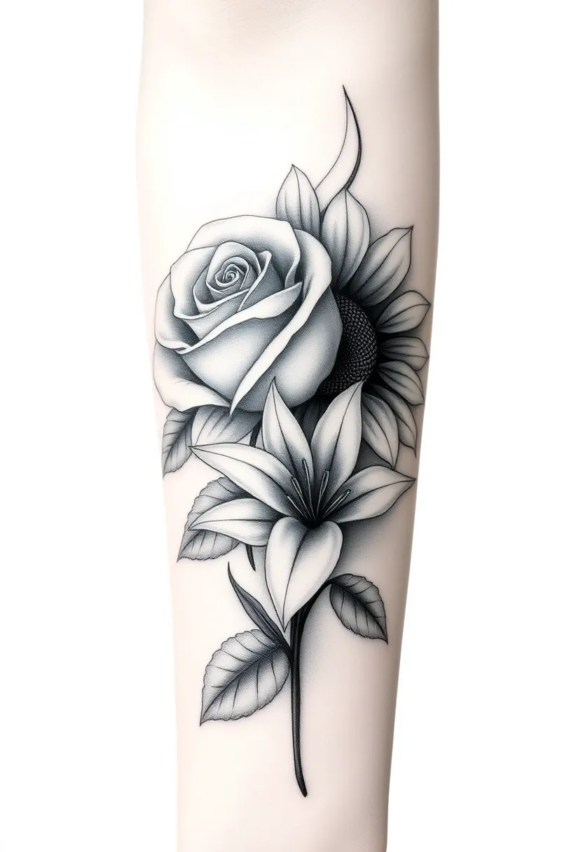 Une rose un tournesol et un lys entrelacées réaliste et délicat en noir et gris sur l'avant bras  tatuering