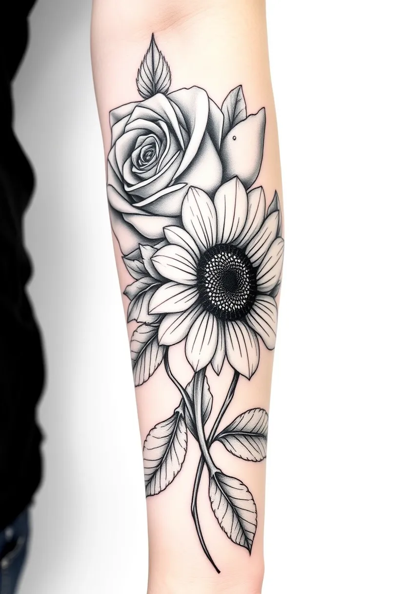 Une rose et  un tournesol et une tulipe entrelacées style réaliste et délicat en noir et gris sur l'avant bras  tatuaje