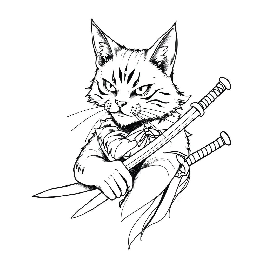 un chat samurai avec katana tattoo