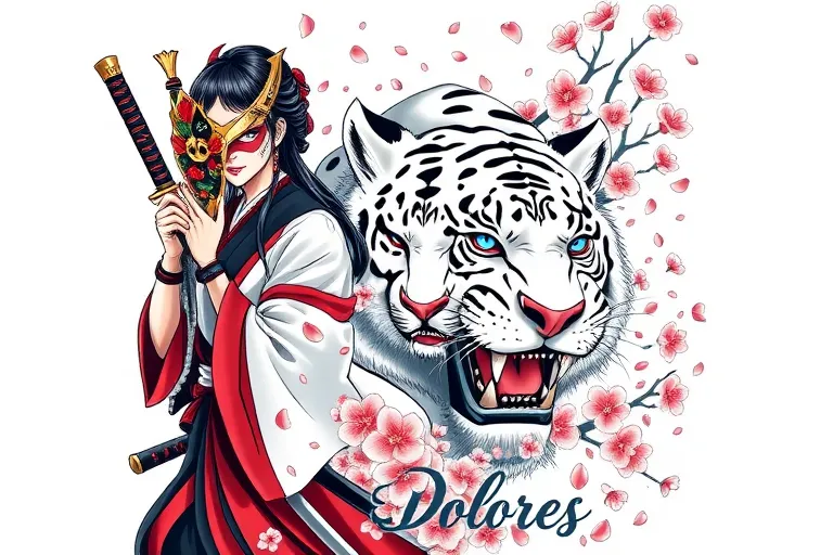 samurai woman holding a kitsune mask in one hand and in the other hand a katana with the name Dolores at her side a white tiger with blue eyes roaring around a shower of cherry blossoms and petals tattoo