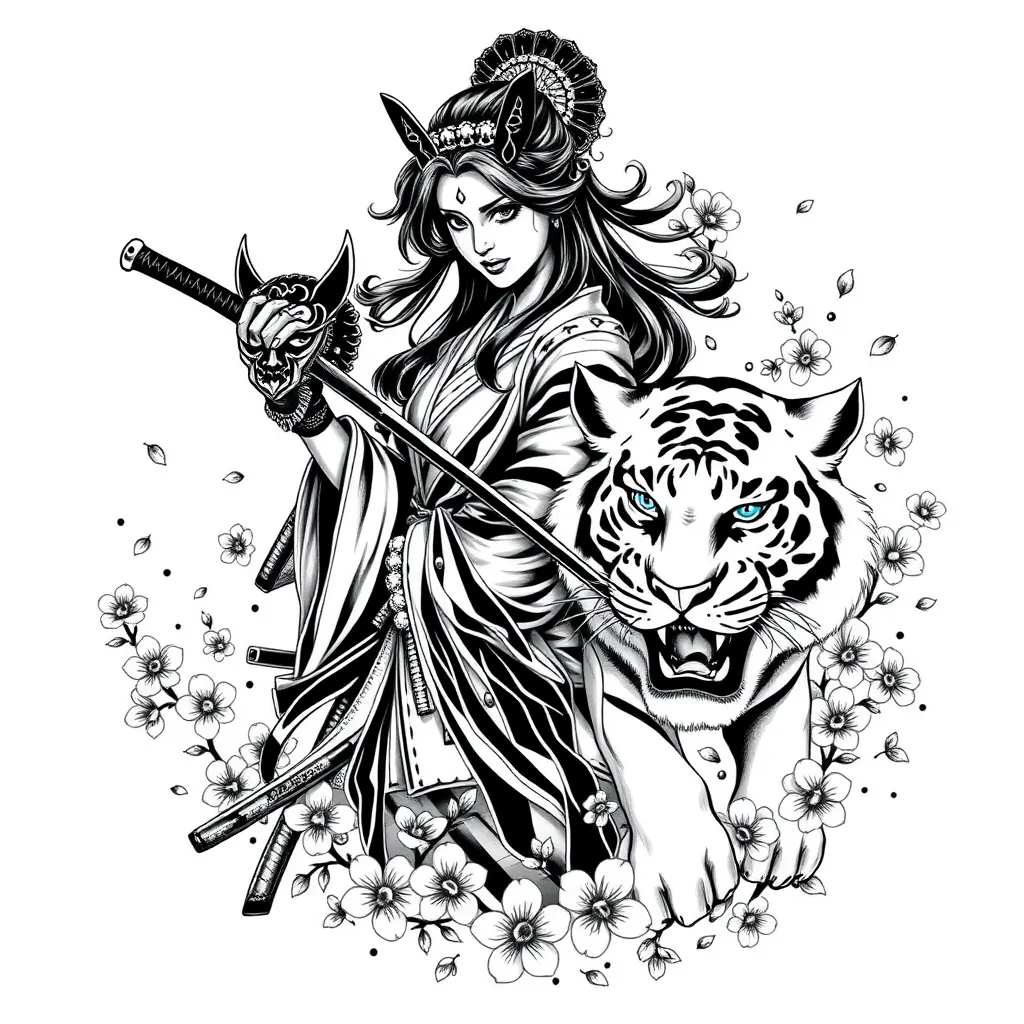 samurai woman holding a kitsune mask in one hand and in the other hand a katana with the name Dolores at her side a white tiger with blue eyes roaring around a shower of cherry blossoms and petals τατουάζ