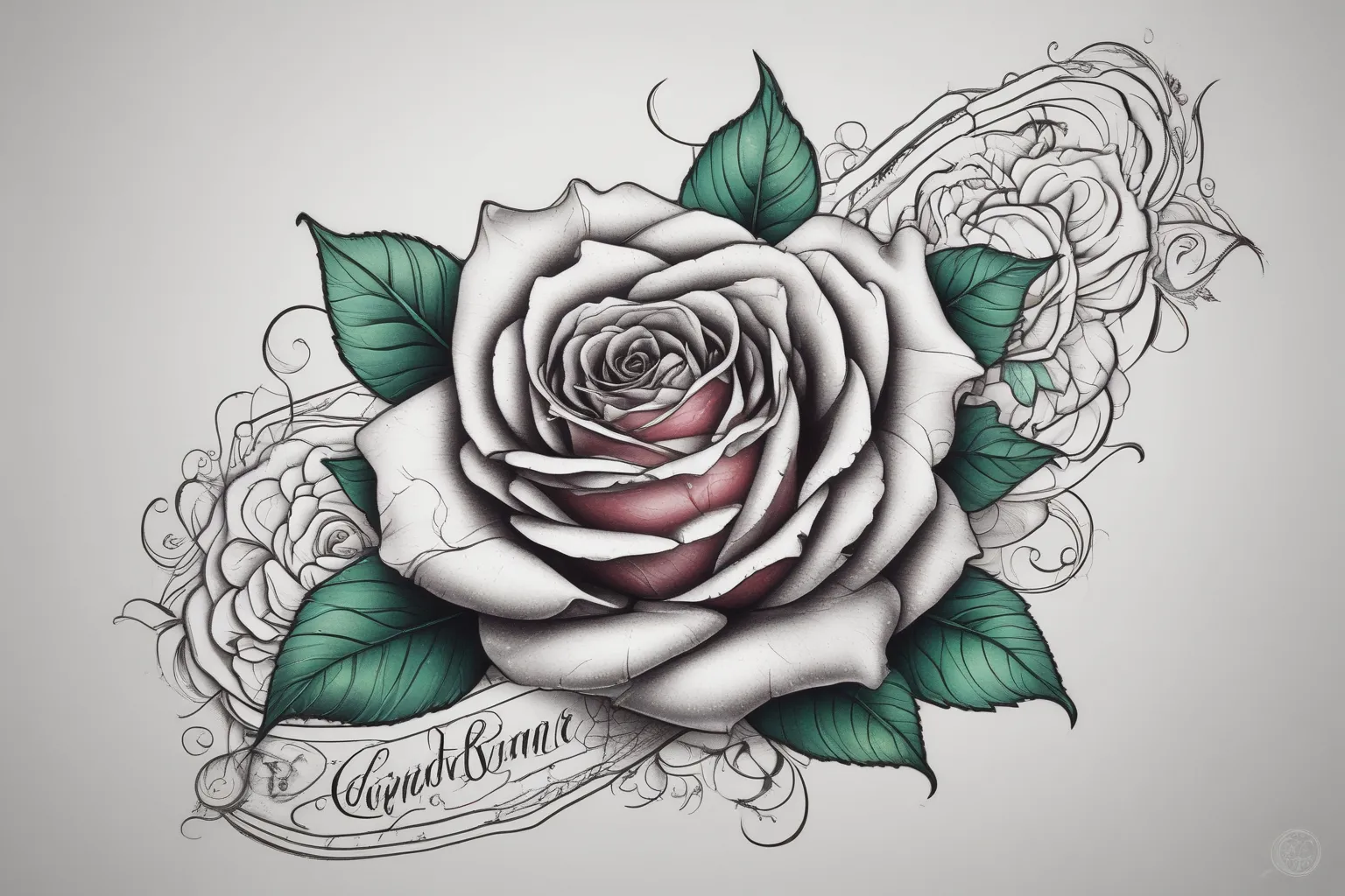 A single long stemmed rose where the name "Cindy Rose," in elegant hand written font makes up the rose stem and is vividly evident and stands out visually yet having it blend in with the design overall tatouage