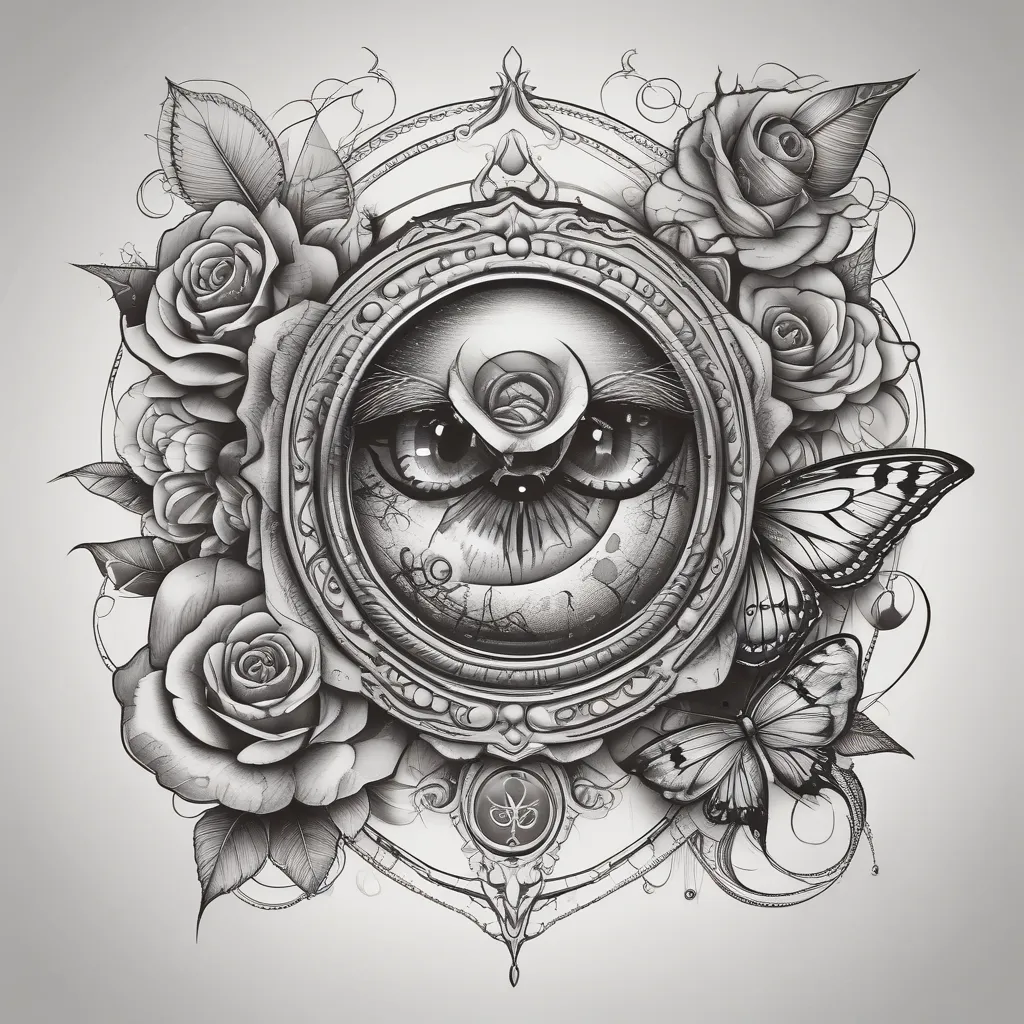 a sketched arm sleeve eye with a full moon, a rose and a butterfly  tatoeage