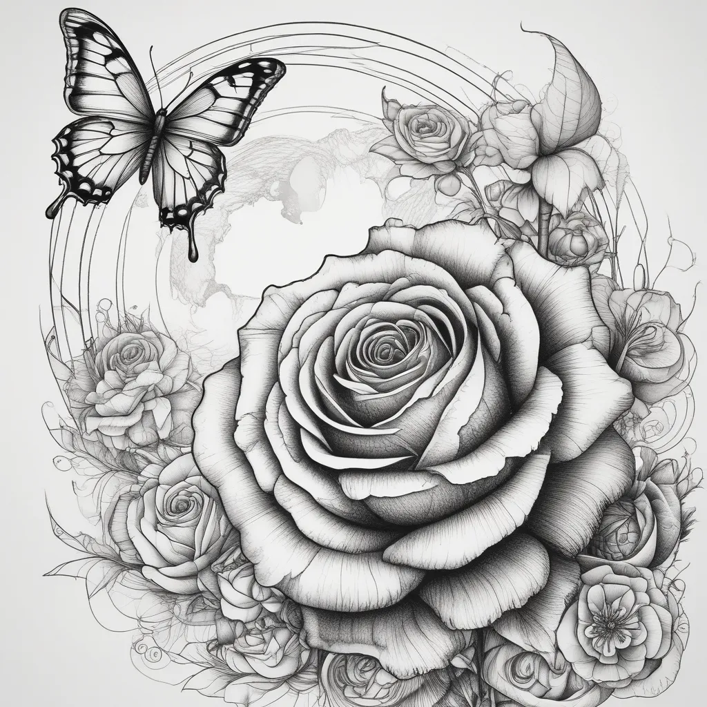 a sketched arm sleeve eye with a full moon, a rose and a butterfly  tatuering