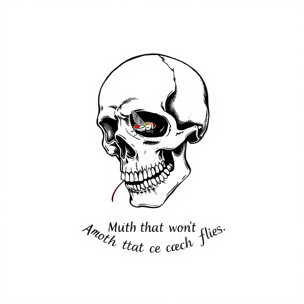A skull with a fly coming out of the mouth. Under it, it's written "Bocca sarà no ciapa mosche" 문신