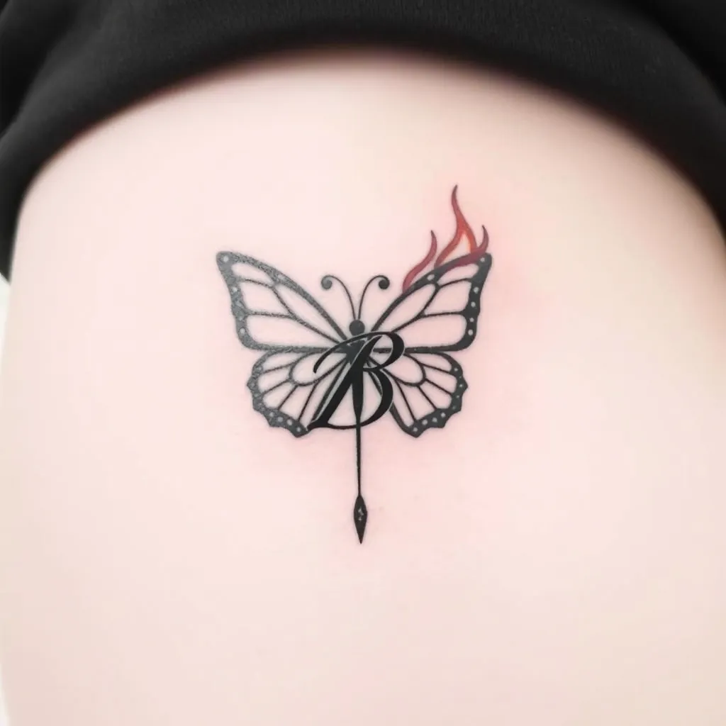 A small one. I want it on the hip. The elements should include a butterfly, a cursive letter B and fire. وشم