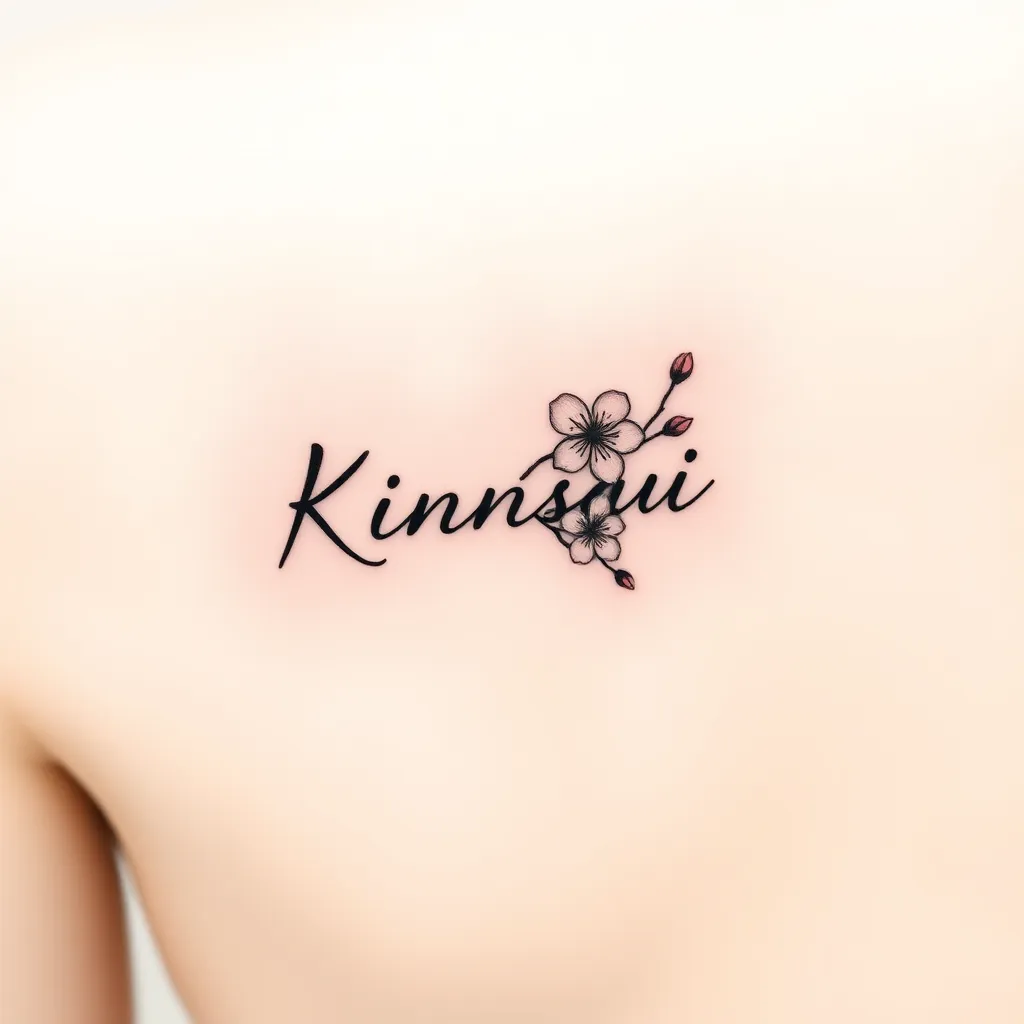 A small tattoo of the japanese word 金継ぎ with cherry blossom tattoo