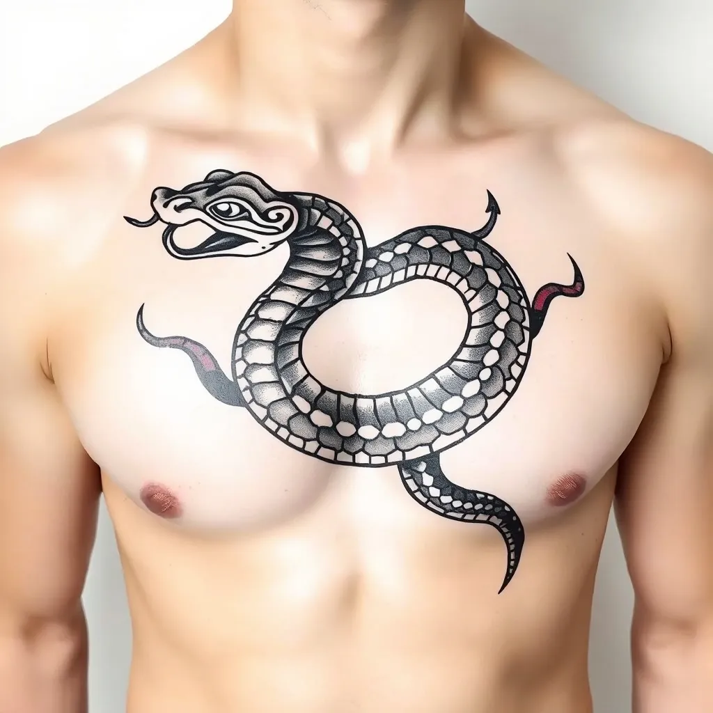 一条蛇纹身 黑灰色 在胸部 tatouage