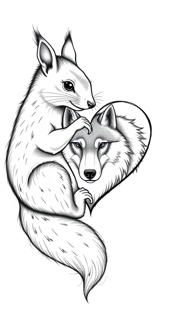 un écureuil formant un coeur avec un loup tattoo