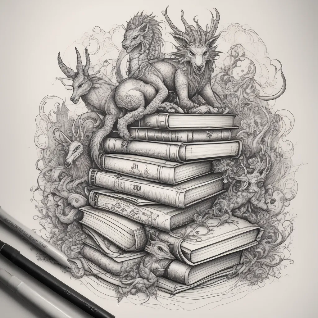 A stack of books surrounded with fantasy creatures tatuagem