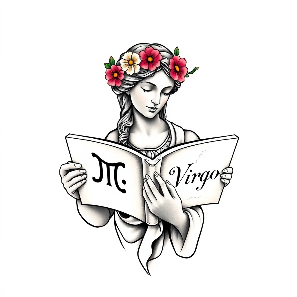 Une femme statue avec des fleurs dans les cheveux tenant dans c est main un livre ouvert sur une page il y a le symbole ♍️ et l'autre page gravé virgo et y a 4 fissures d usure sur la statue tattoo