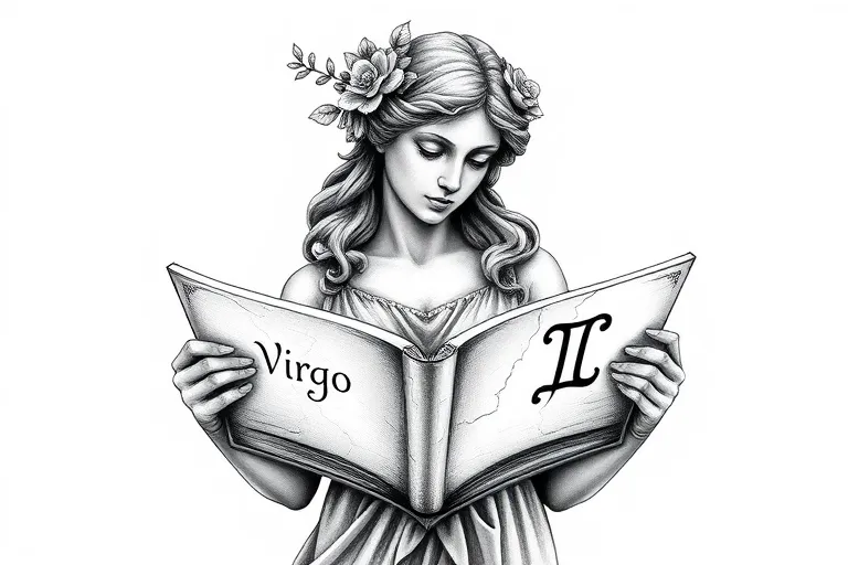 Une femme statue avec des fleurs dans les cheveux tenant dans c est main un livre ouvert sur une page il y a gravé virgo et l'autre page  ♍️ la statue sera visible de la tête au pied avec des fissures dessus  tattoo