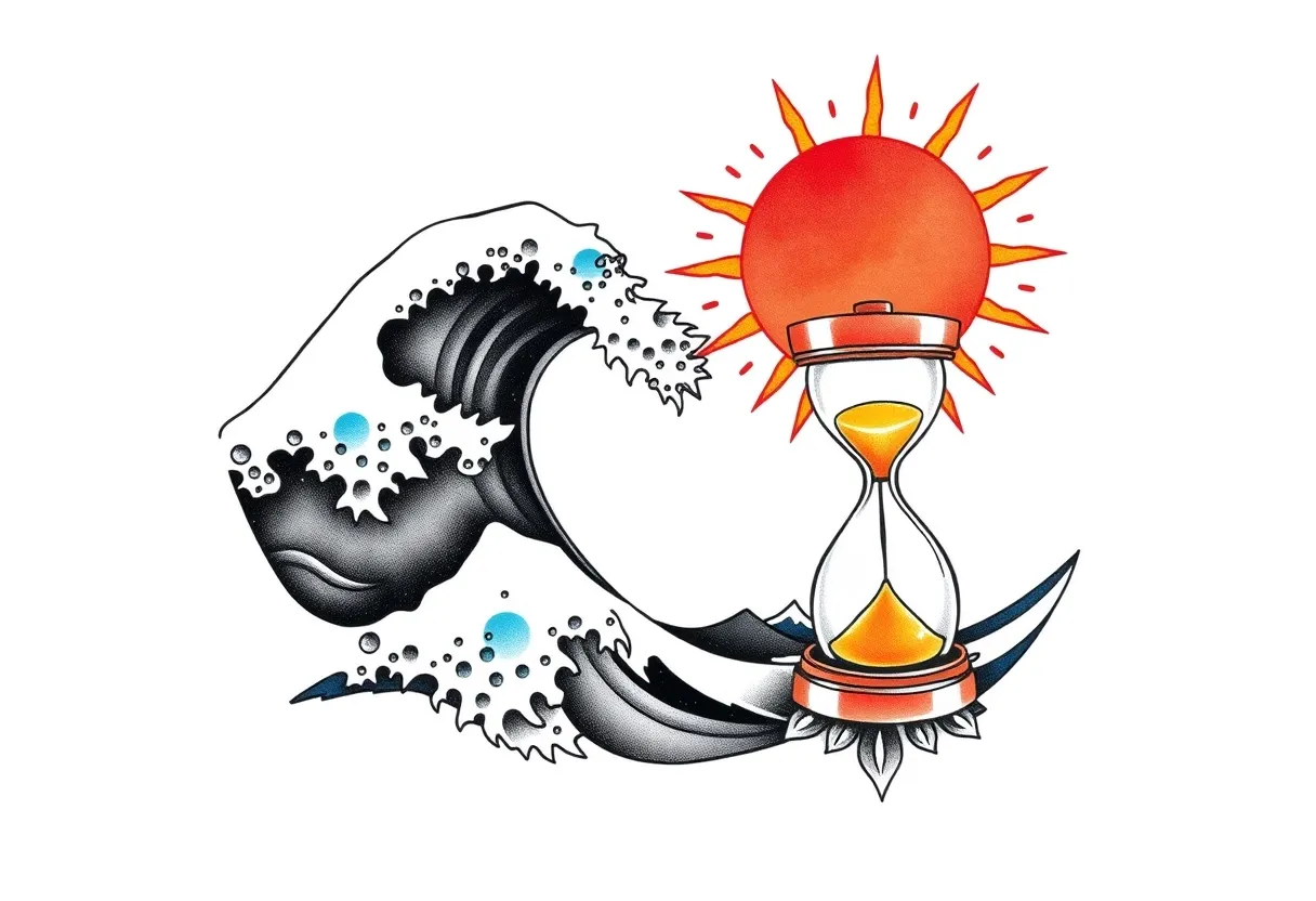 a sun and a wave and an hourglass, representing the idea of living our dreams dövme