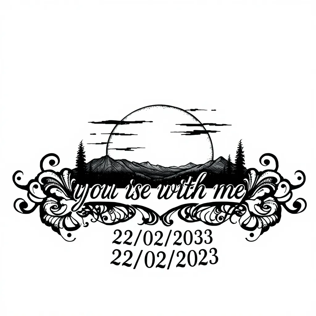 Un tramonto con la scritta tu sei con me con la data 22/02/2023 tatuaggio