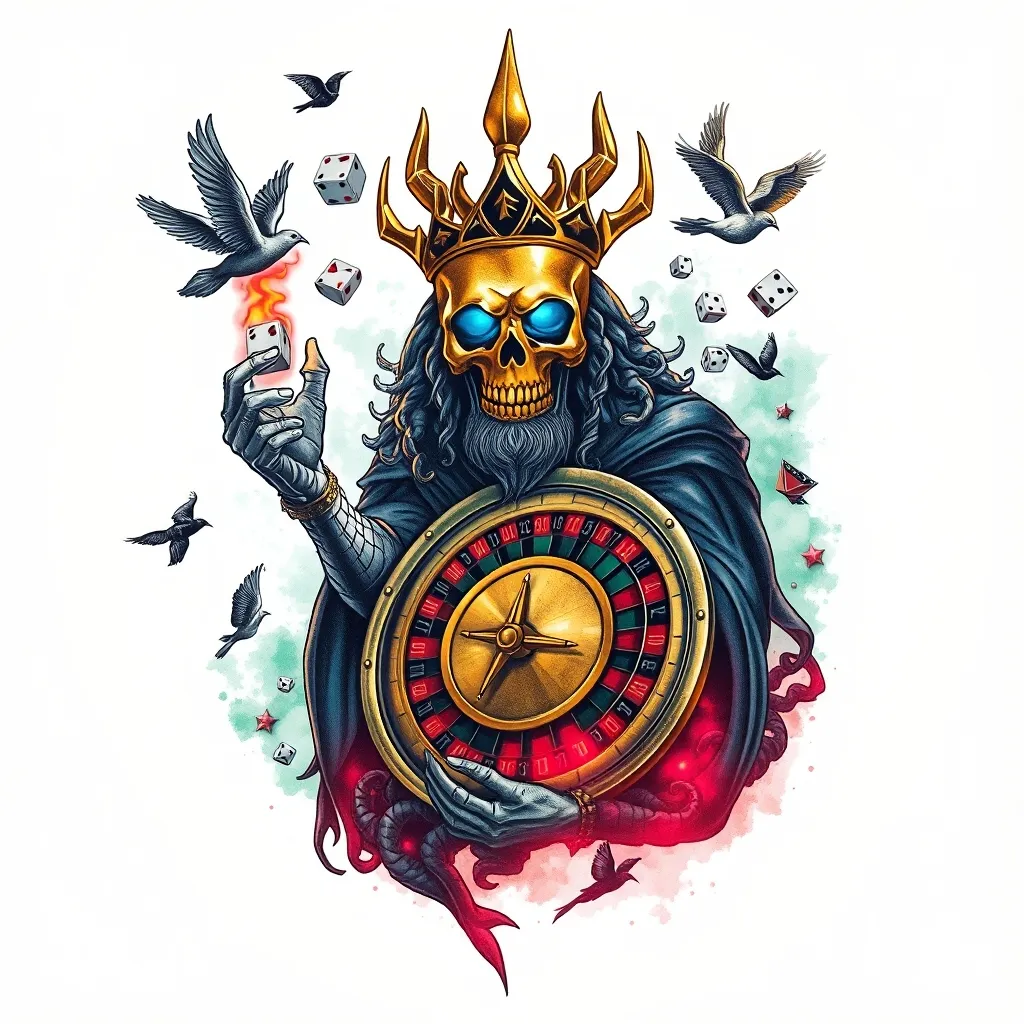 A surreal, mythological tattoo design featuring a humanoid god-like figure with a golden skull head, glowing blue eyes, holding a casino roulette wheel like a shield. One hand throws flaming dice. Around him, playing cards float in a spiral, transforming into birds and shadows. Background includes green mist and red glowing light from below, with vivid surreal elements and high contrast colors including light blue, bright red, neon green, and gold. Tattoo-style illustration with strong outlines and dynamic composition, ideal for leg/calf placement. τατουάζ