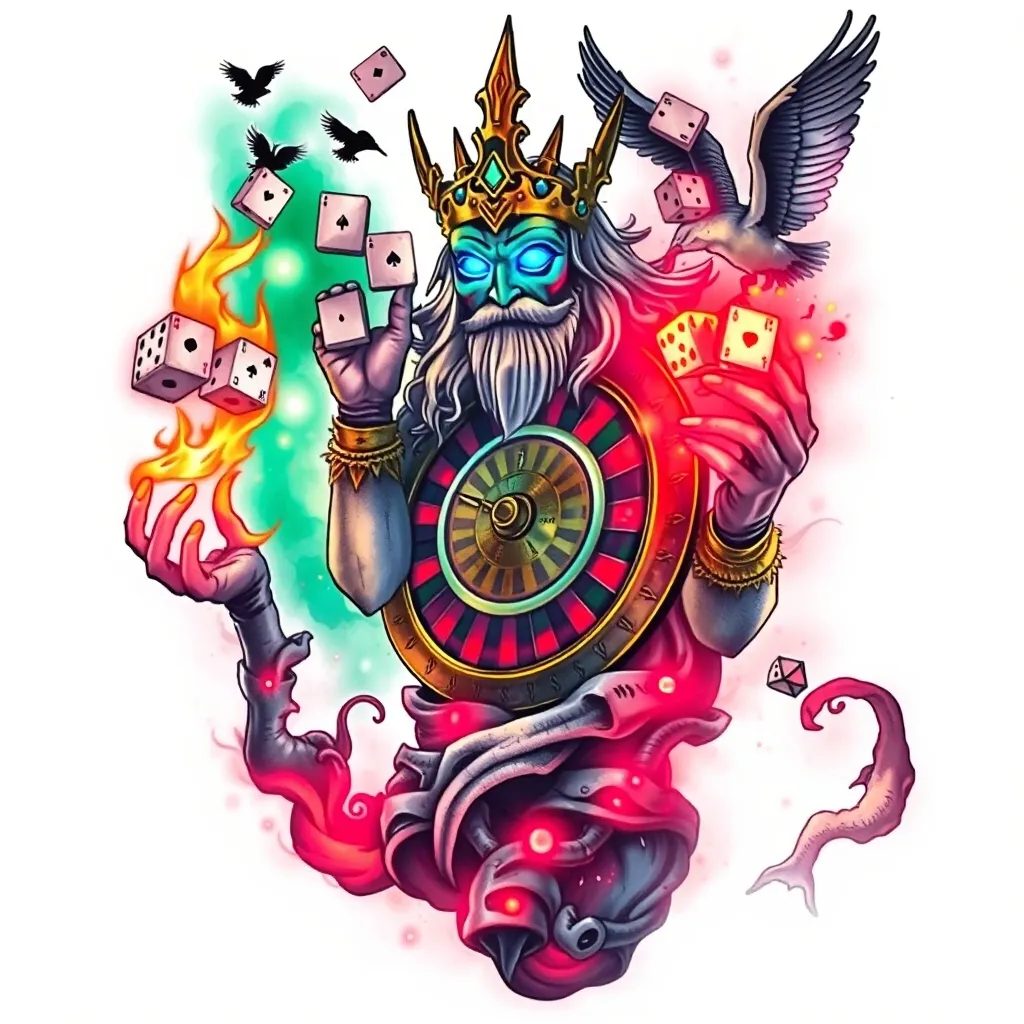 A surreal, mythological tattoo design featuring a humanoid god-like figure with a glowing blue eyes, holding a casino roulette wheel like a shield. One hand throws flaming dice. Around him, playing cards float in a spiral, transforming into birds and shadows. Background includes green mist and red glowing light from below, with vivid surreal elements and high contrast colors including light blue, bright red, neon green, and gold. Tattoo-style illustration with strong outlines and dynamic composition, ideal for leg/calf placement. τατουάζ