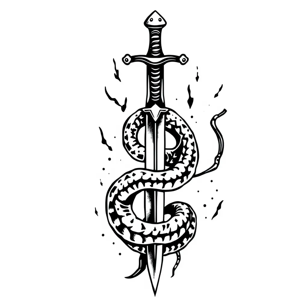 a sword entwined with a snake tatuaż