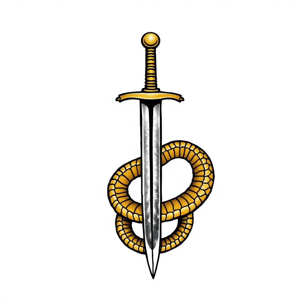 A sword surrounds by a gold snake tattoo