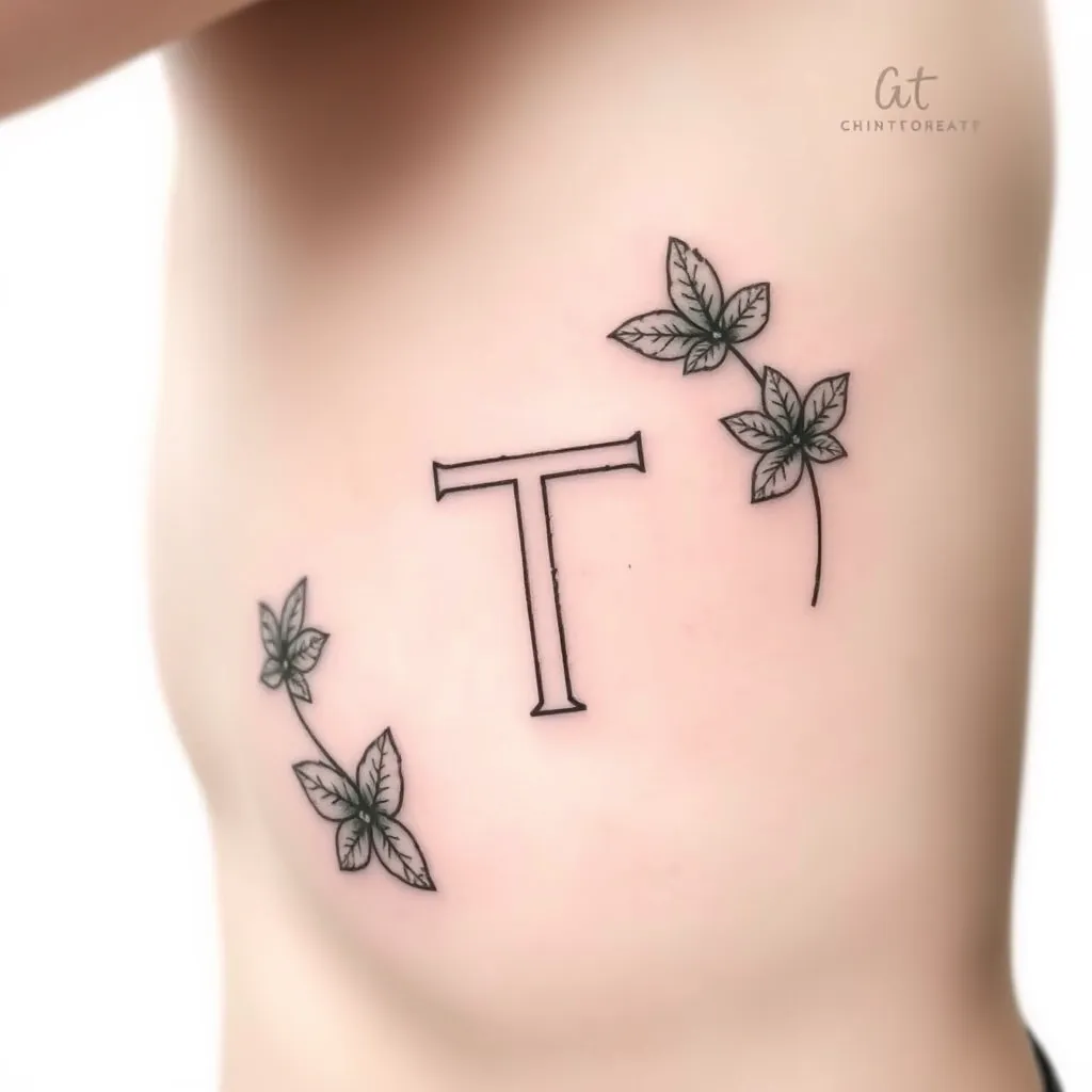 a T with mint leaves around it tatouage