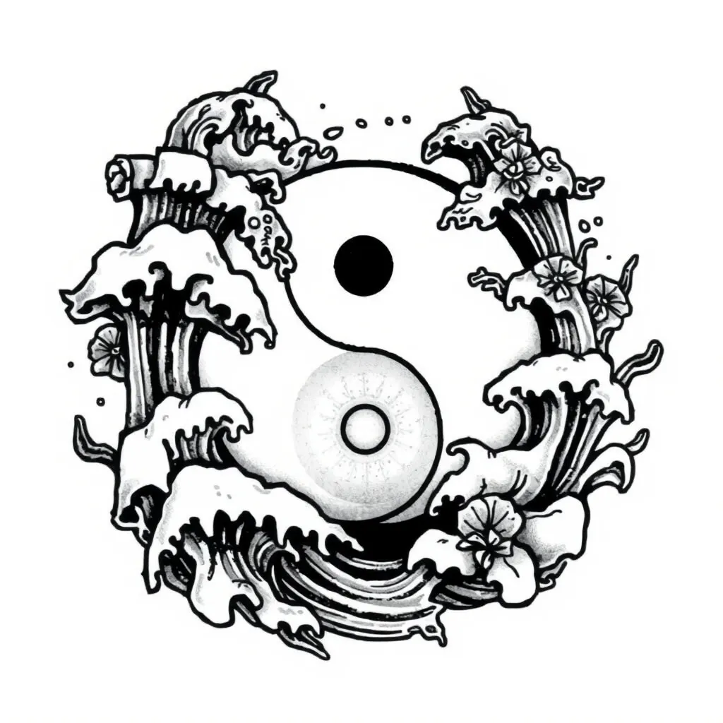 一个太极图案周围有水元素包围  tatoeage