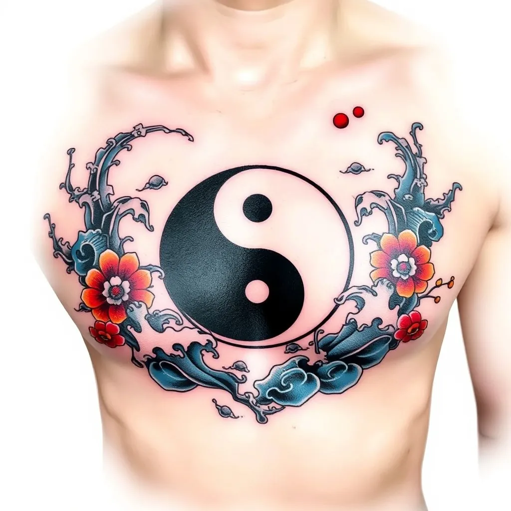 有太极图案 周围有水元素包围 纹在胸口 tatoeage