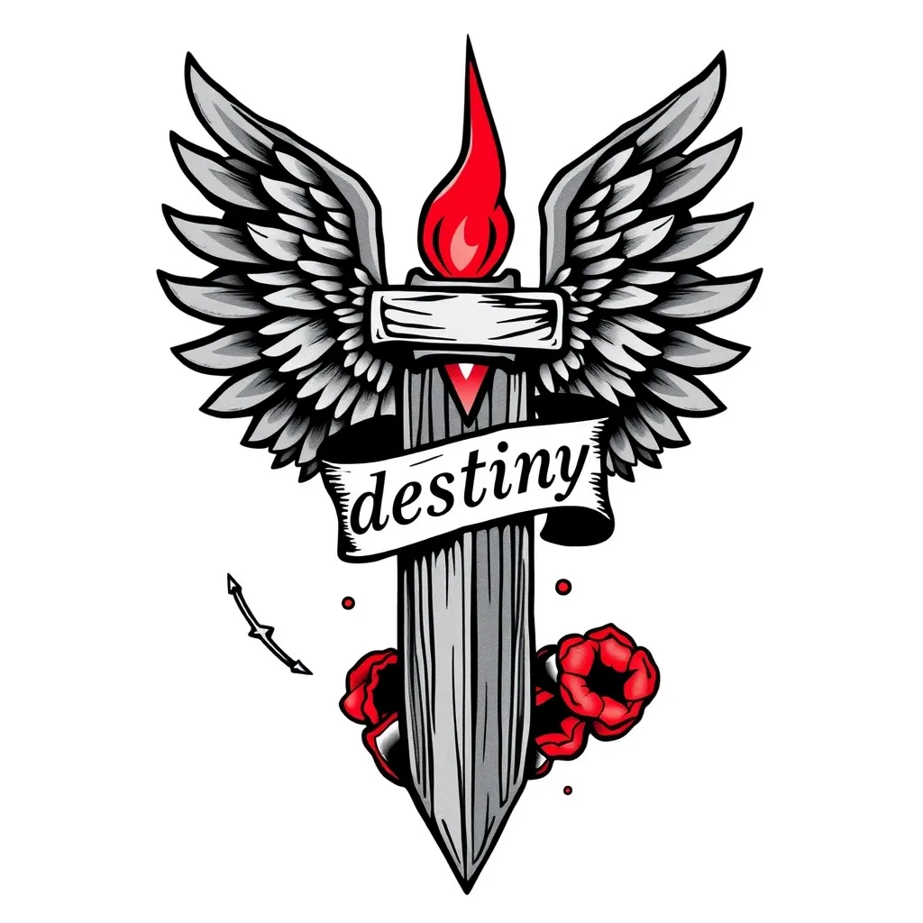 A tattoo all in black, gray and red in a thin totem with a label written “destiny” in a old school font type tattoo