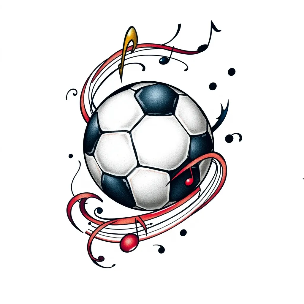 Un tatuaggio che combina un pallone da calcio con delle note musicali che si intrecciano, magari formando una spirale o una melodia che avvolge il pallone. Questo simbolo rappresenta l'unione delle mie passioni 문신