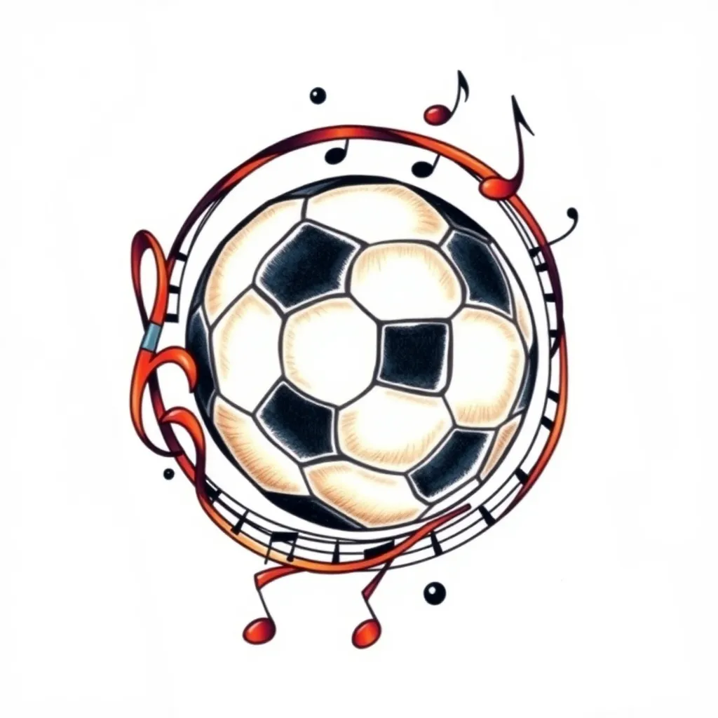 Un tatuaggio che combina un pallone da calcio con delle note musicali che si intrecciano, magari formando una spirale o una melodia che avvolge il pallone. Questo simbolo rappresenta l'unione delle mie passioni tatuaggio