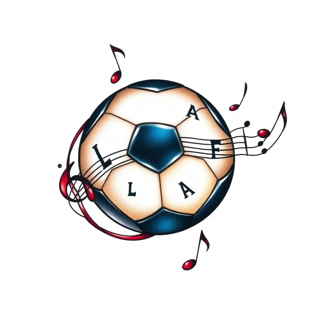 Un tatuaggio che combina un pallone da calcio con delle note musicali che si intrecciano, magari formando una spirale o una melodia che avvolge il pallone. Questo simbolo rappresenta l'unione delle mie passioni. Inoltre, metti le lettere L, A , F ,V ,F, R ,M ,G ,L ,A in ogni pentagono del pallone 문신