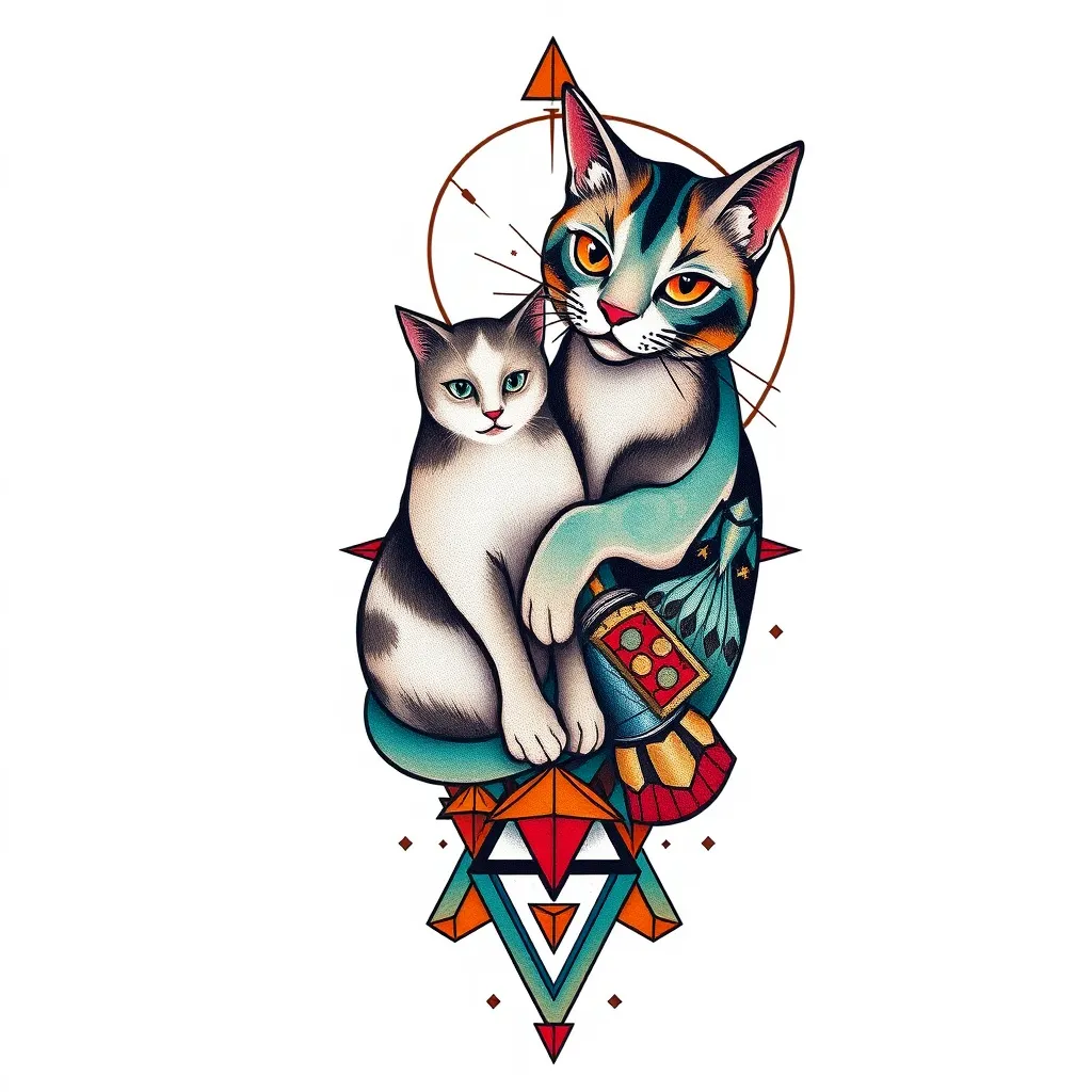 A tattoo combining renaissance art, cats and geometric themes for the ankle tattoo