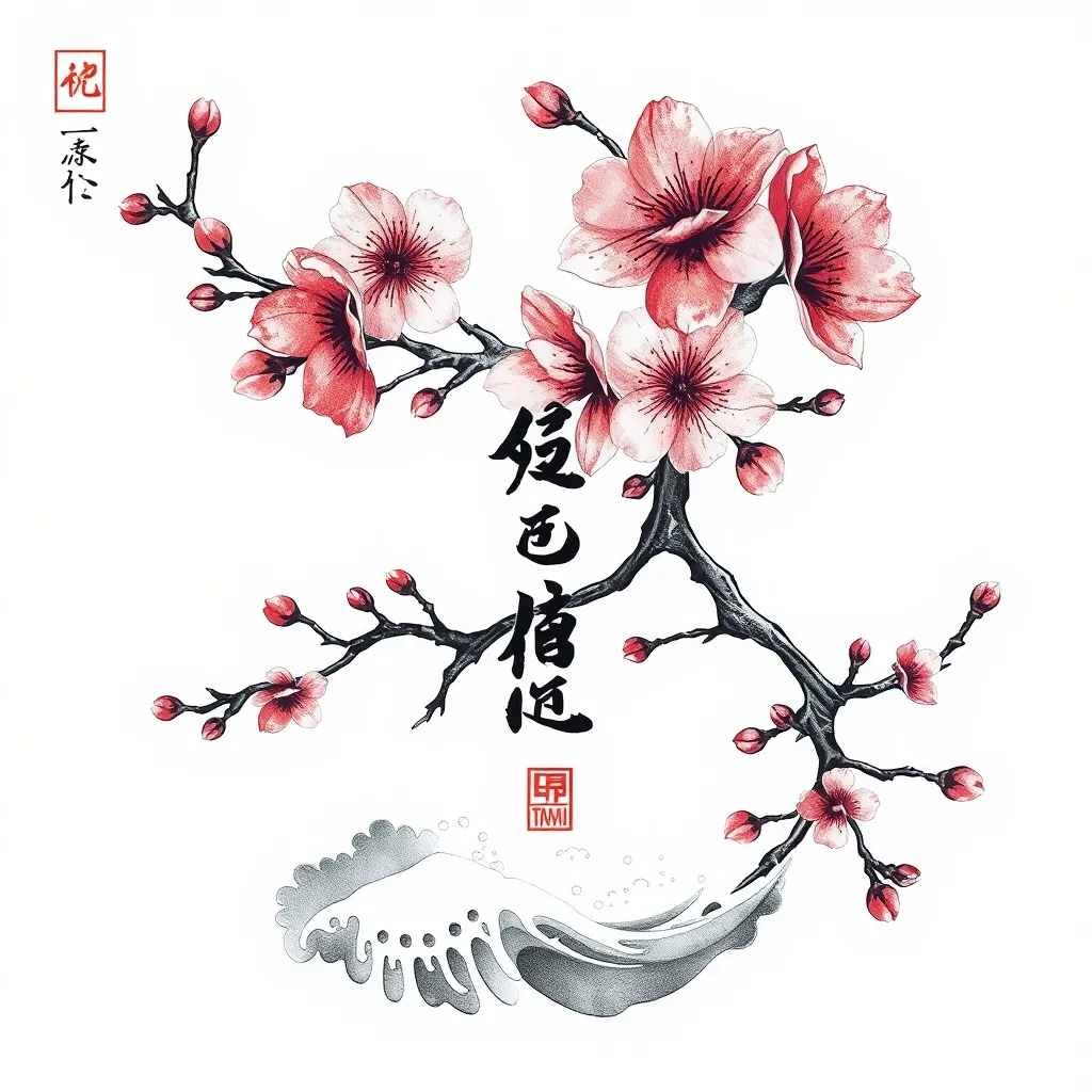 关于梅花的纹身图 结合新中式风格 和「心中若有桃花源何处不是水云间 」书法 加上海浪的元素 再加上人的轮廓的元素 整体图案需要表达出史诗性和美学 tatuaż