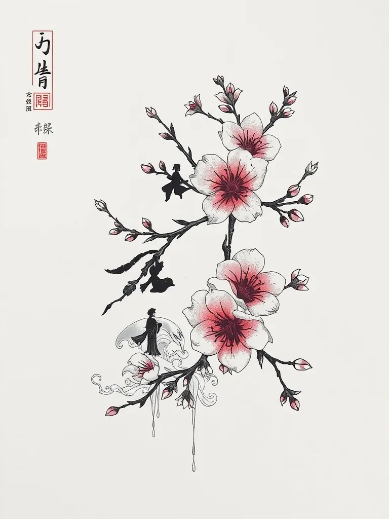 ``关于梅花的纹身图 结合新中式风格 和「心中若有桃花源何处不是水云间 」书法 加上海浪的元素 再加上人的轮廓的元素 整体图案需要表达出史诗性和美学 وشم