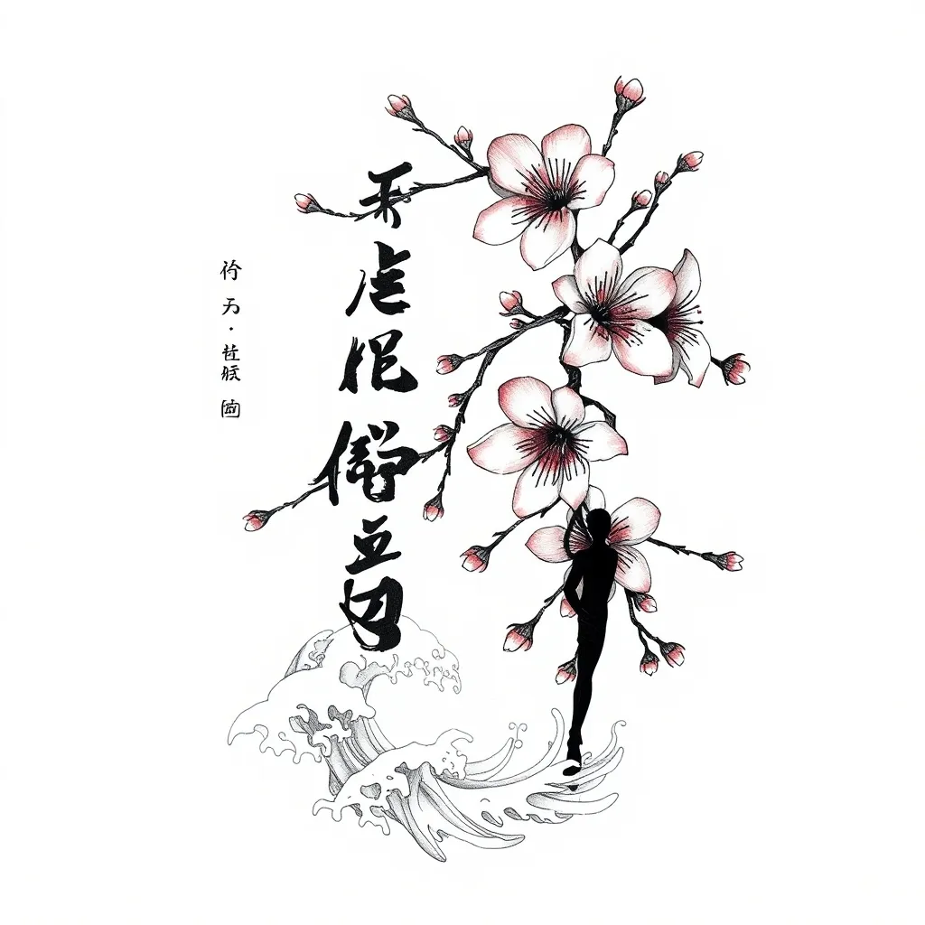 关于梅花的纹身图 结合新中式风格 和「心中若有桃花源何处不是水云间 」书法 加上海浪的元素 再加上人的轮廓 tatuaż