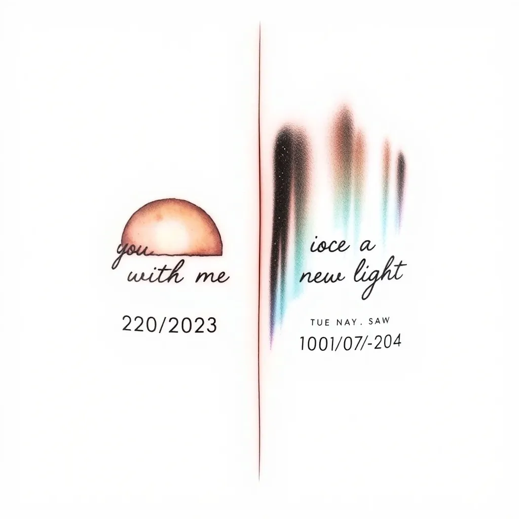 Un tatuaggio diviso in due da una parte il tramonto con la scritta you are with me con la data 22/02/2023 dall’altra una aurora con la scritta a new light con la data 14/01/2024 纹身