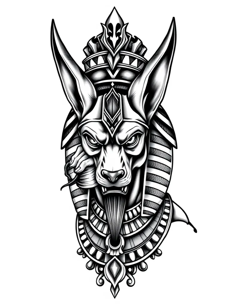 un tatouage en mode portrait du dieu anubis agressif. Il porte une coiffe de pharaon. Ses traits sont agressifs, il semble musclé. Il a une carrure imposante,  le collier et la coiffe de pharaon sont bien visibles. وشم