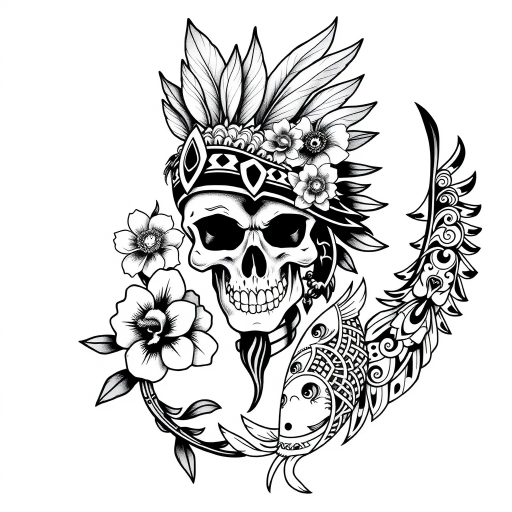 Un tatouage mélangeant plusieurs styles. Une tête de mort avec un casque à plumes dans le style tatouage indien. Des fleurs, carpe koï et samouraï dans le style tatouage japonais. Et pour finir, un tribal dans le style tatouage maori tattoo