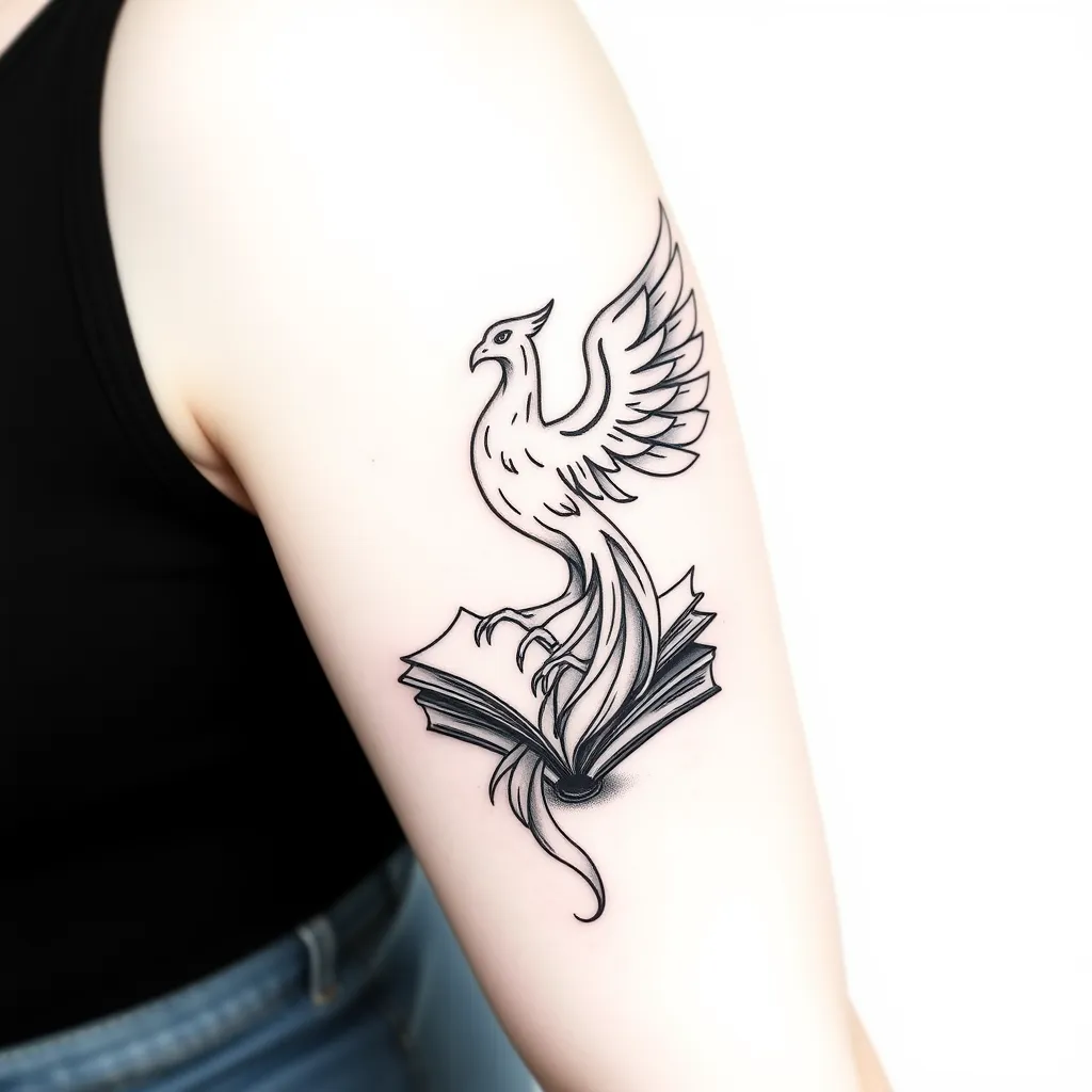 Uma tatuagem de uma fênix saindo de livros, esta tatuagem será para uma senhora idosa muito polida e educada que é escritora. 纹身