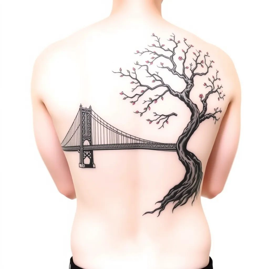 tattoo on back with a tree on the rightsand the brooklyn bridge on the left 入れ墨