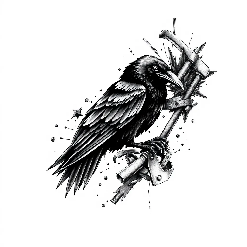 "A tattoo sleeve featuring a raven intertwined with elements of construction sheet metalwork. The raven should be dark and detailed, surrounded by tools like hammers and metallic textures, with rivets and metal sheet patterns. The design blends industrial and natural elements, using shading for depth in a dark, monochrome style, flowing from shoulder to wrist." tattoo