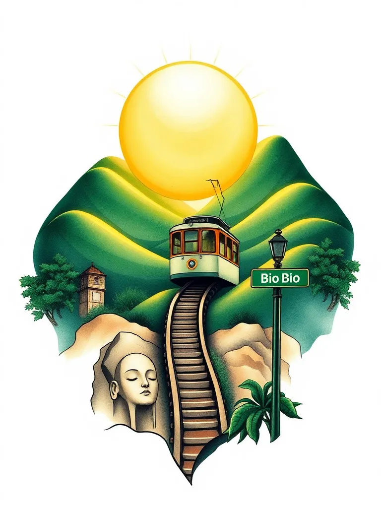 A tattoo-style image of a luminous Valparaíso funicular ascending through serene green hills, symbolizing growth and harmony. The design includes a repaired kintsugi medallion as a central element, abstract faces softly integrated into the landscape, and a street sign reading 'Bio Bio.' Warm golden light floods the scene, representing hope and reconciliation. The artwork features a harmonious blend of green and yellow tones, layered with intricate symbolic elements and ascending lines, in a visually rich and dynamic tattoo style. 纹身