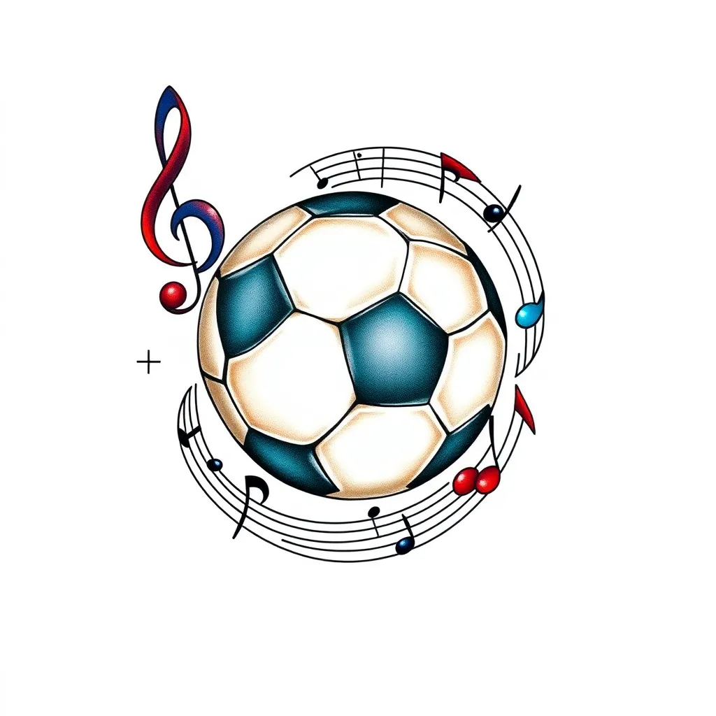 A tattoo that combines a soccer ball with musical notes that intertwine, perhaps forming a spiral or a melody that envelops the ball. This symbol represents the union of my passions. Also enter the following names : Antonino, Lucia, Federica , Valeria tatoeage